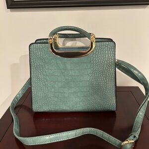Teal Croc Embossed Top Handle Bag Gold Hardware Structured Purse